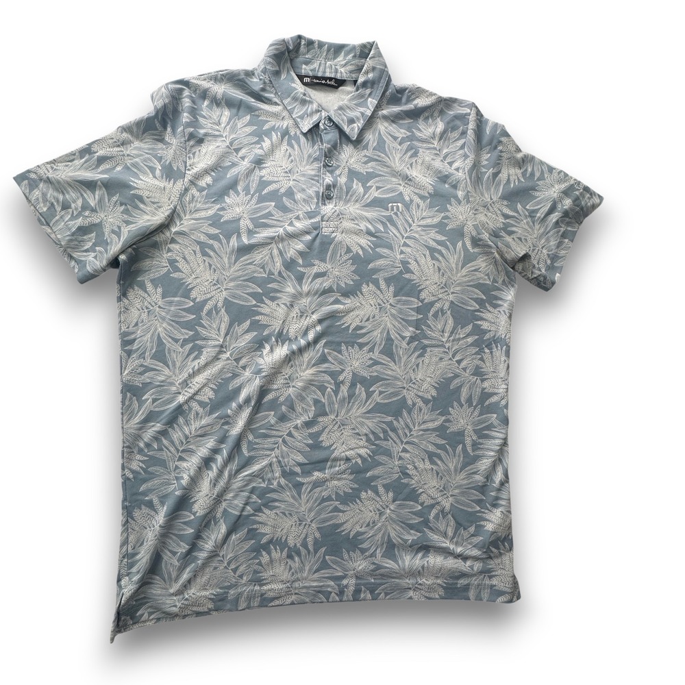 TravisMathew Mens Tropical Leaf Print Polo Shirt Blue White 1MZ126 Size L